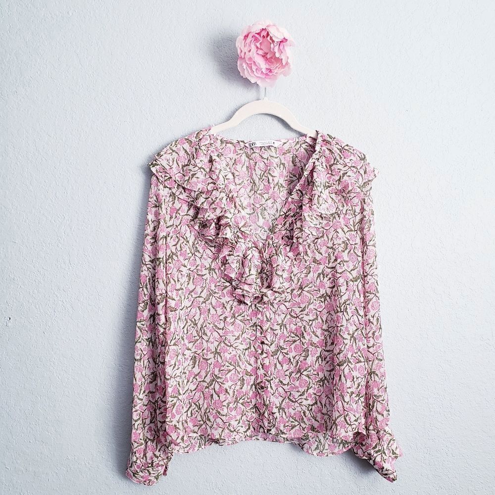 Zara Floral Pink Ruffle Long Sleeve Blouse
